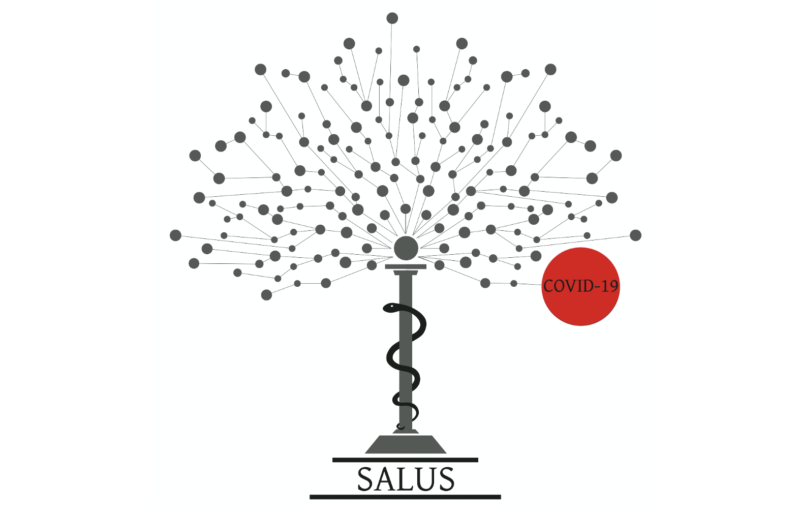 Illustration of tree made of nodes and a snake climbing a pillar