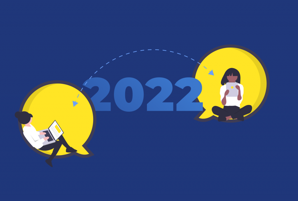year 2022 and 2 baloons with women using devices in them