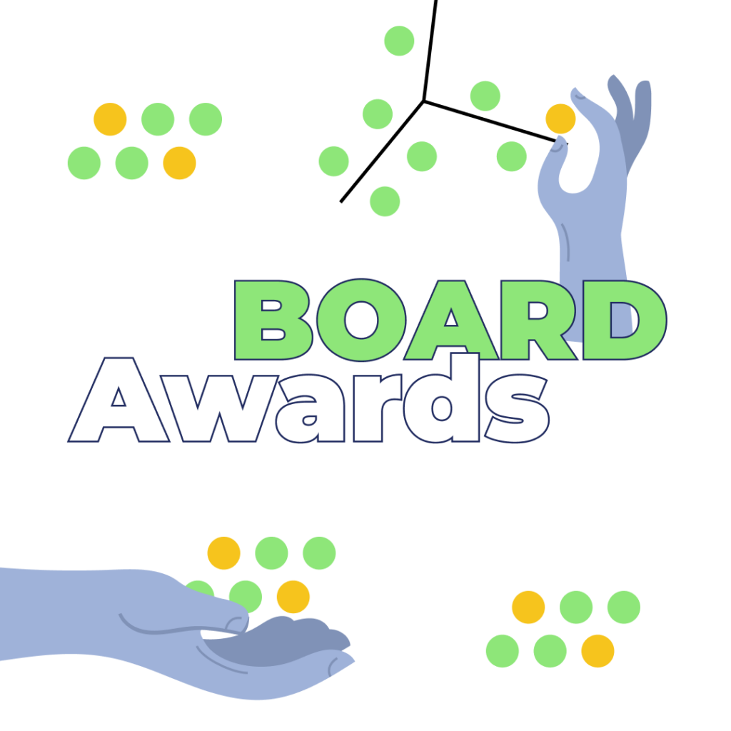 Illustration of hands picking up fruits and the tile Board Awards