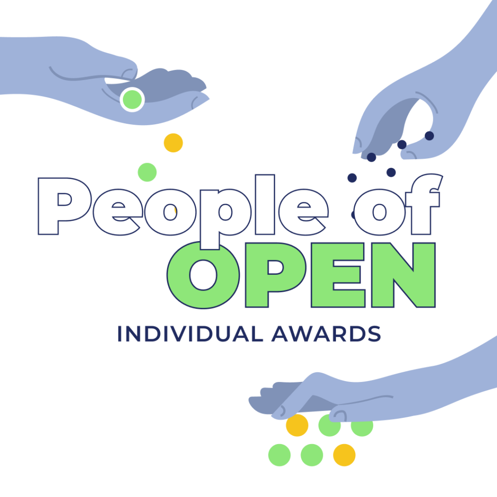 Illustrations of hands pouring seeds and the title People of Open
