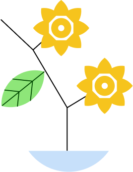 Small plant with one green leaf and two large yellow flowers in a pot, graphic style.