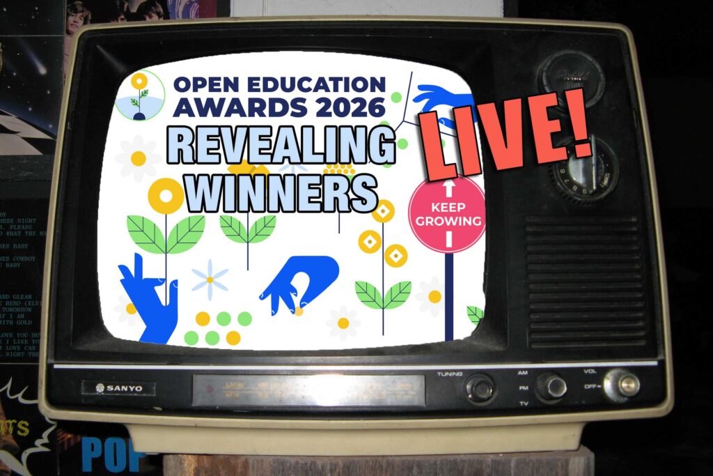 Open Education Awards 2026 Revealing Winners colorful icon banner inserted into old style tv set, large letters Live are on top.